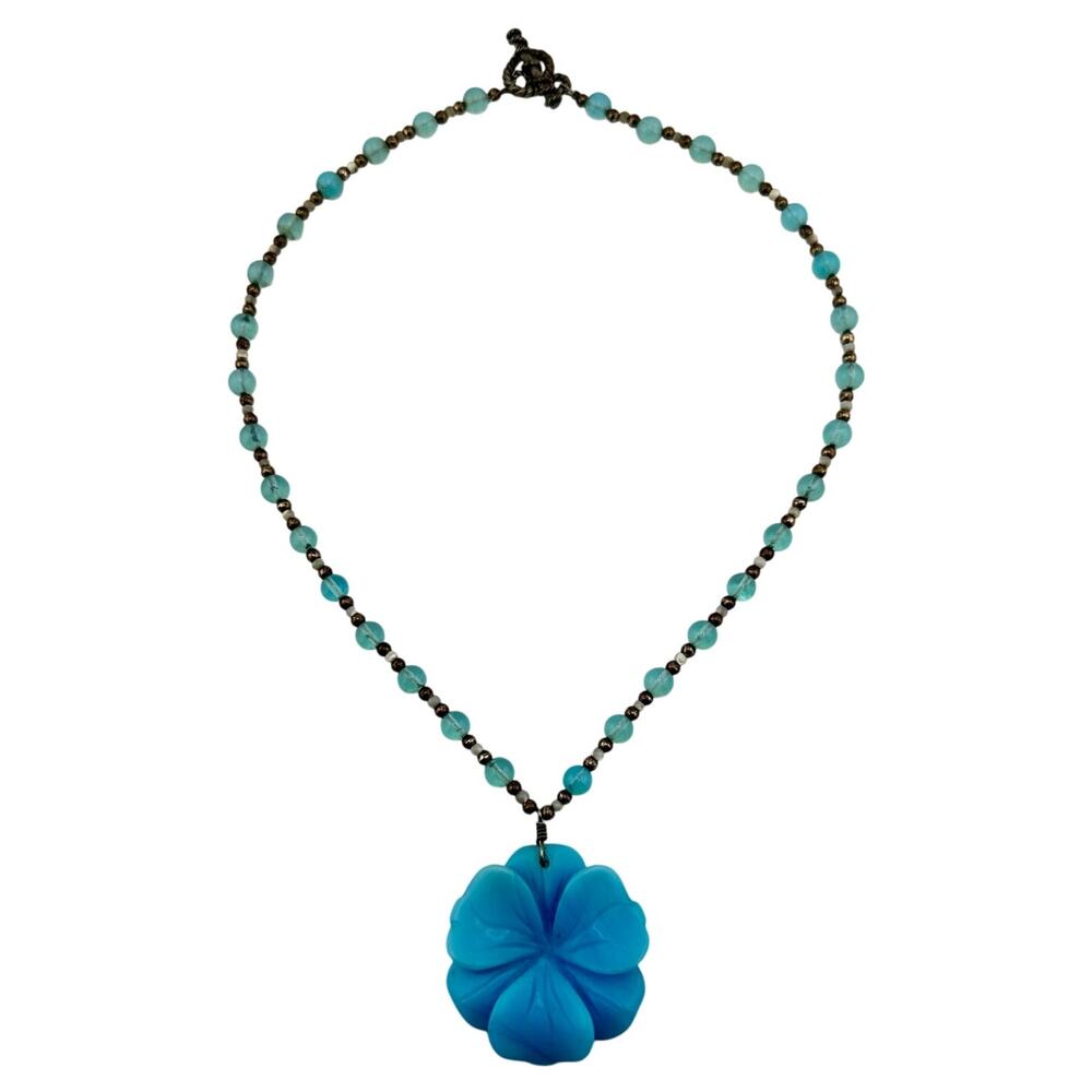 Hawaiian Style Hibiscus Blue Glass Flower Beaded Handmade 17" Necklace